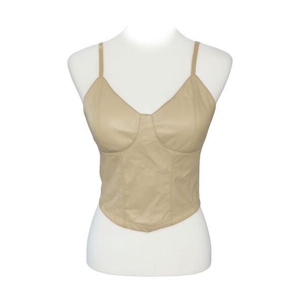 Madden Nyc Women's Bustier Faux Leather buttery soft Beige smocked Crop Top Sz L - Picture 2 of 12